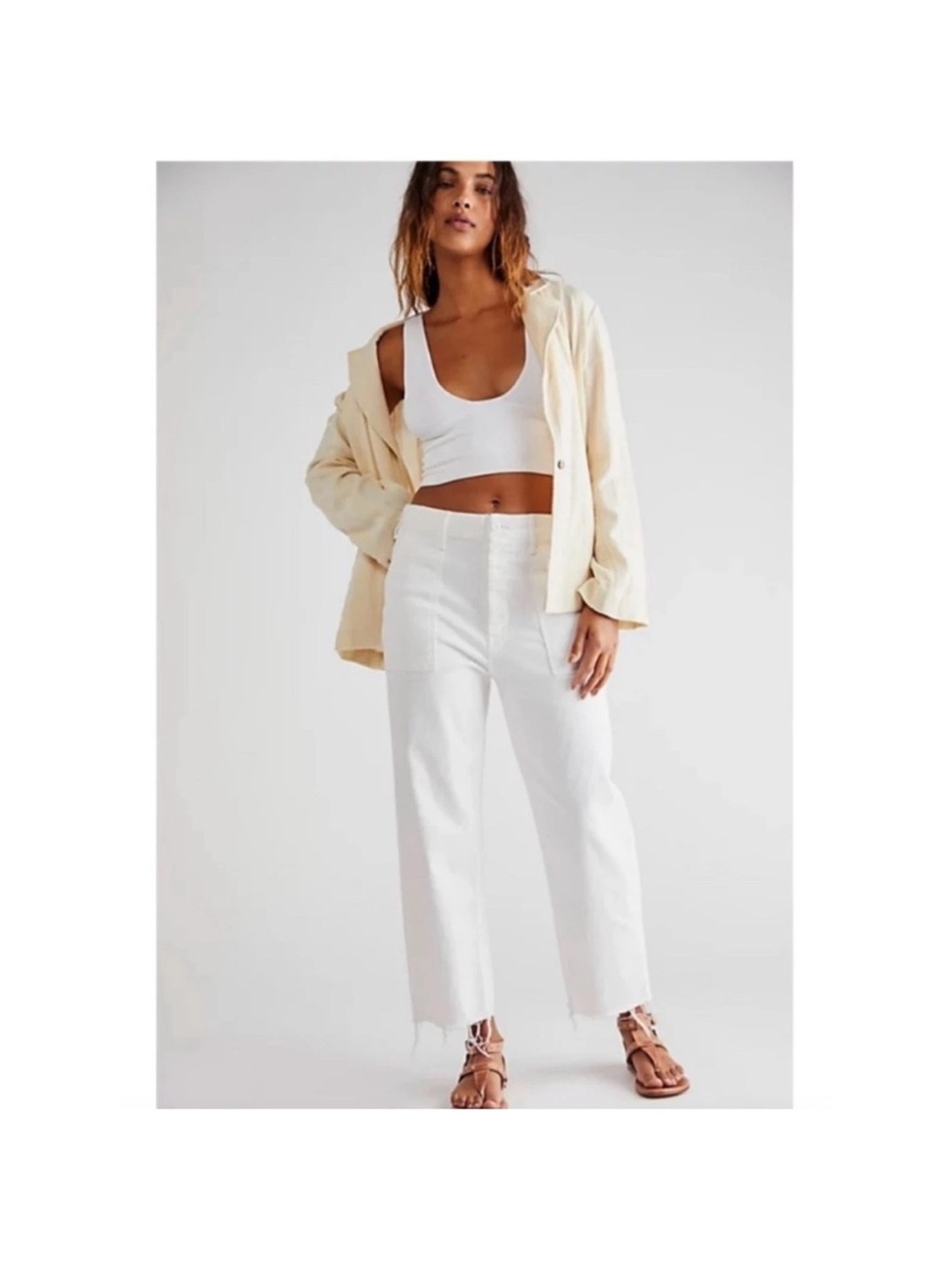 MOTHER White Patch Pocket Fray Ankle Jeans